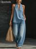 Autumn New Women's Clothing Set, Vintage Wash Distressed Denim Button-Down Shirt with Wide Leg Pants