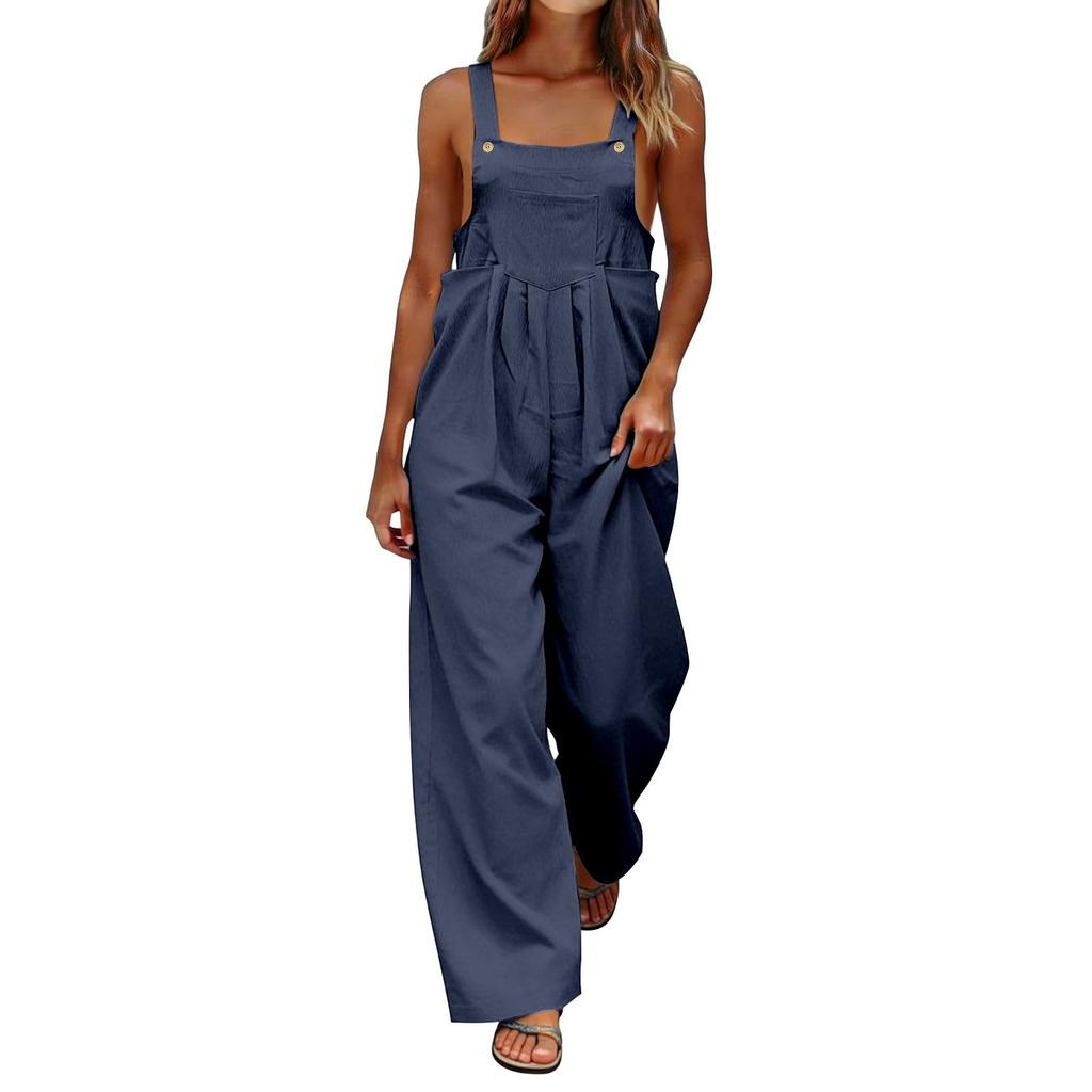 Women's Fashionable Color Sleeveless Casual Wide Leg Loose Jumpsuit With Pocket