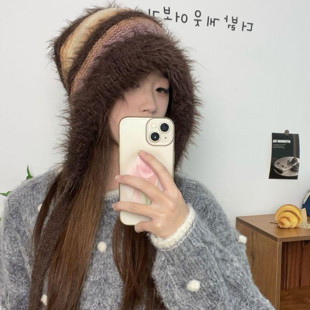 New Design Y2k Handbag-hat Hand-crocheted Pullover Beanie Hat Winter Striped Drawstring Hat  Women