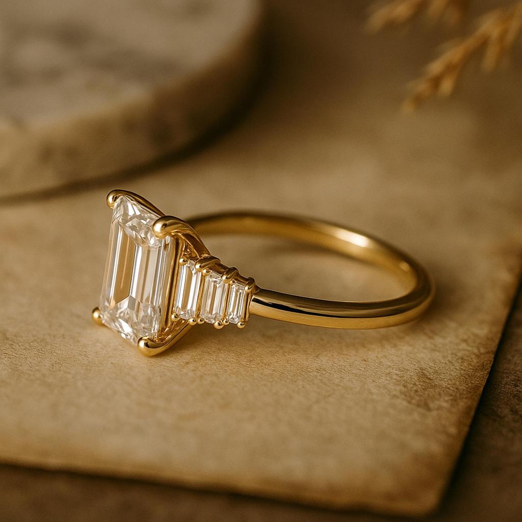 Emerald Cut Cubic Zirconia Engagement Ring with Baguette CZ Accents – Yellow Gold Plated 925 Sterling Silver Bridal Wedding Jewelry Gift for Her