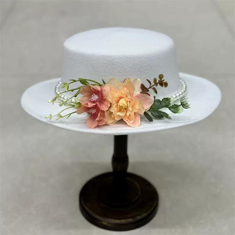 Dark Brown Faux Floral Felt Hat Wedding Hat Women'S Jazz Hat Panama French Elegant Felt Hat Somprero Mujer Chapeau Femme Luxe