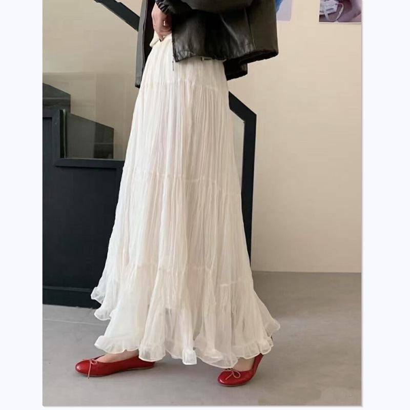 Spring 2026 Women's High-Waisted Ruffled Mesh A-Line Maxi Skirt - Gentle & Slimming