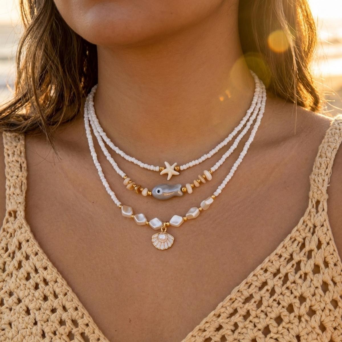 

Multilayer Starfish Shell Fish Rice Beaded Necklace For Women Men Bohemian Coastal Sea Animal Choker Ocean Beach Summer Zircon
