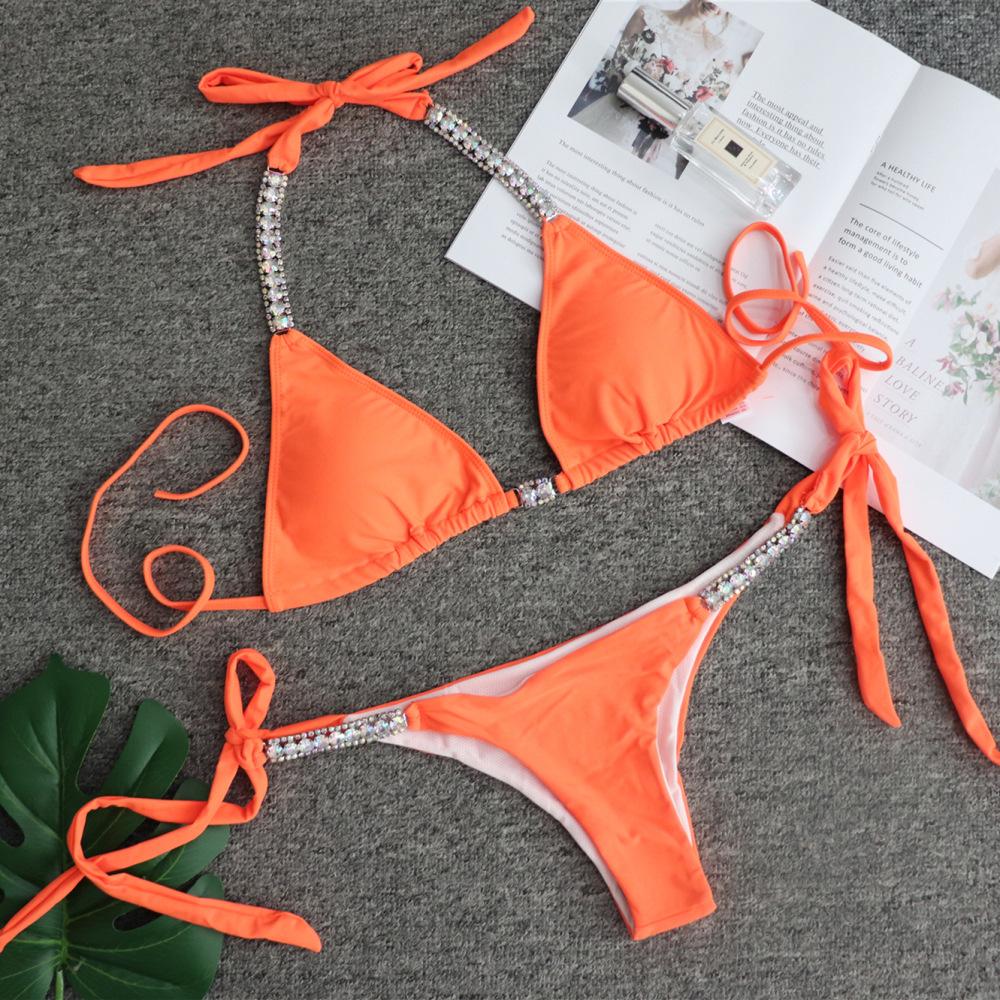 Solid Color Sexy Strap Swimsuit Luxury Rhinestone Swimsuit Bikini