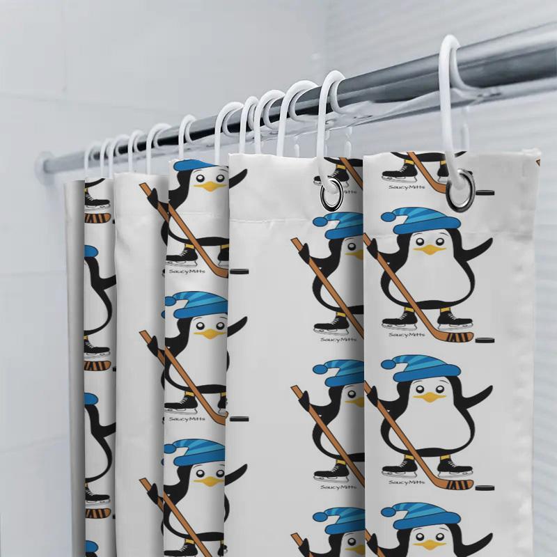 Ice Hockey Penguin Shower Curtain Waterproof Home Decor Bathrooms Kitchen Bathroom Decoration Print Kids Room Christmas Gift Whi