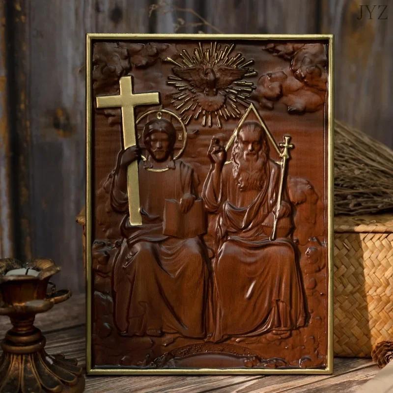 Vintage Religious Holy Statues Trinity Wood Wall Decor, Catholic Mural Family Home Decor