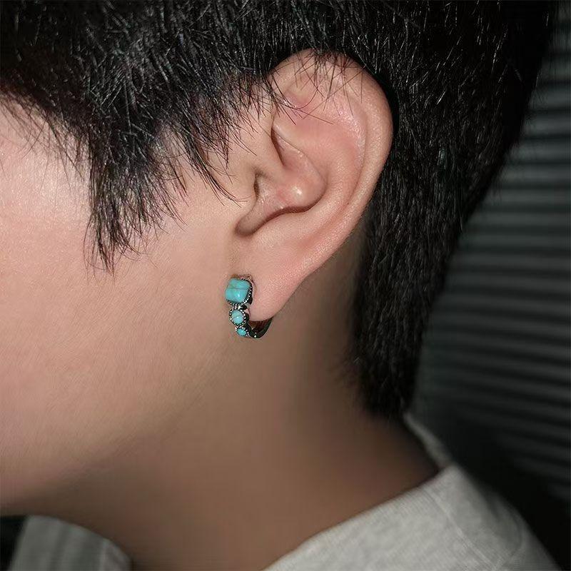 Handmade Fashion Vintage Tibetan Style Unisex Blue Square Buckle Earrings