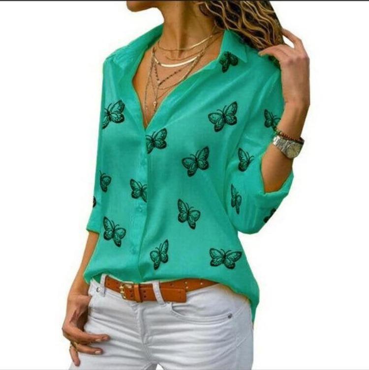 Butterfly Print Lapel Style Shirt Women Loose Fit