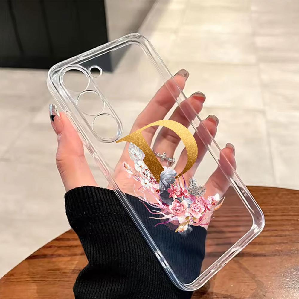 Transparent Phone Case Flowers Golden Rose Letters For Samsung Galaxy A55 A15 A25 A35 A07 A17 A06 A37 A57 Silicone Clear Cover