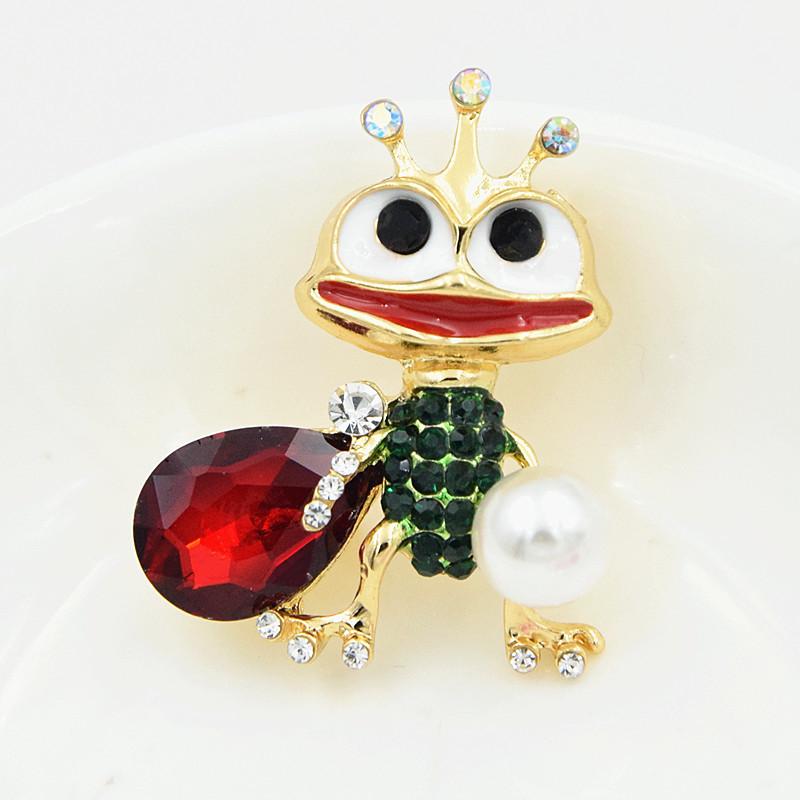 Gold Plated Alloy Water Drop Red Glass Prince Frog Brooch Pin Accessory
