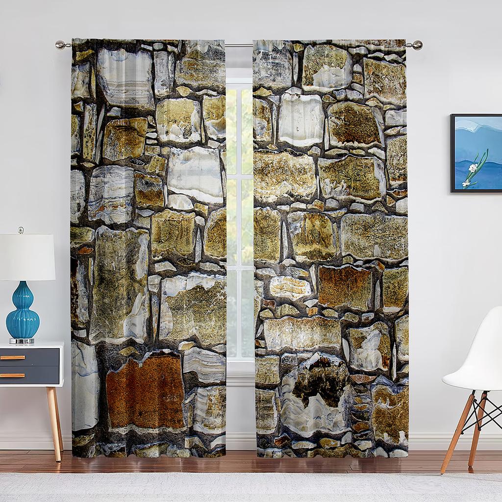Urban Brick Slate Stone Wall Tulle Curtains for Living Room Bedroom Decoration Modern Chiffon Sheer Voile Kitchen Window Curtain