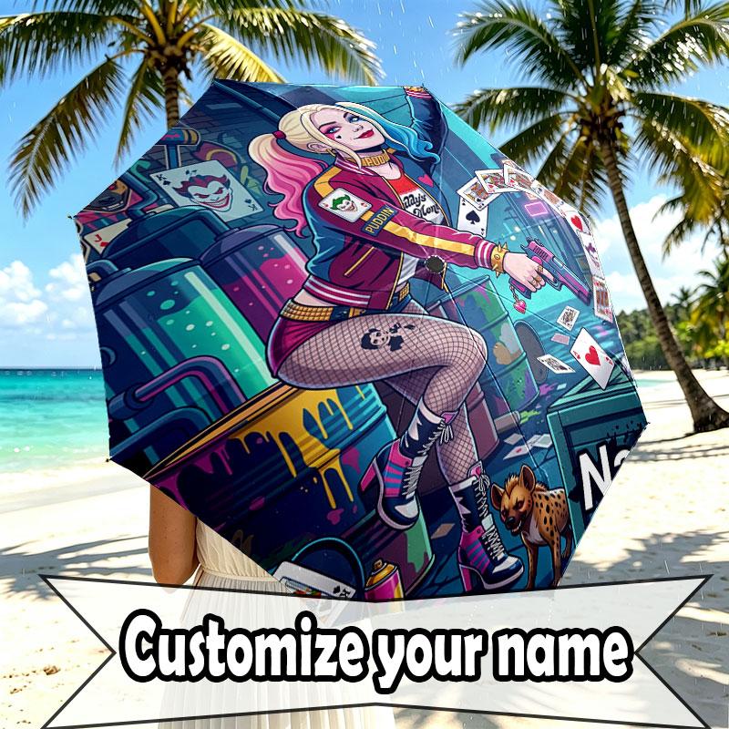 Custom Name Personalized Harley Quinn Print Umbrella, Auto Open Close, 8‑Rib Sturdy Frame, Commute Camping Hiking Use, Birthday Gift
