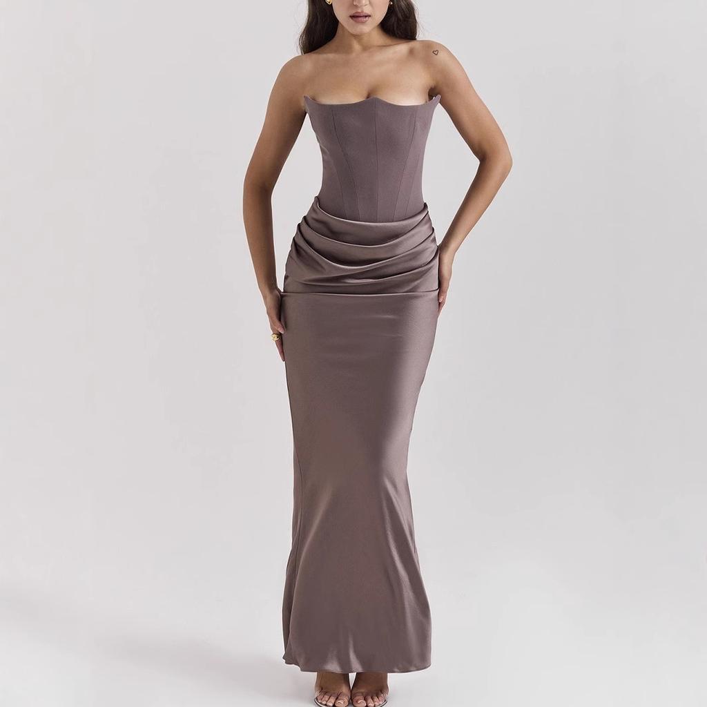 Women's Strapless Notched Satin Bodycon Maxi Dress Ruched Waist Backless Mermaid Hem Spring Elegant Evening Cocktail Wedding Guest Gown