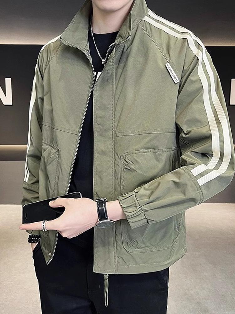 Design striped stand-up collar jacket men's spring and autumn trendy brand ruffian handsome tooling jacket men's 2025 new versatile top