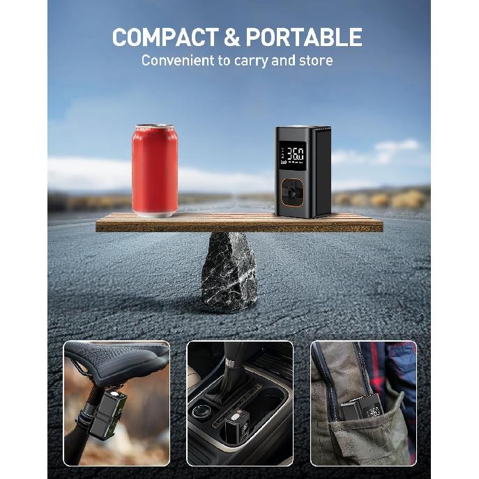 Tire Inflator Portable Air Compressor - 150 PSI Portable Air Pump for Car Tires, Cordless Electric Bike Tire Pump with Digital Pressure Gauge, LED
