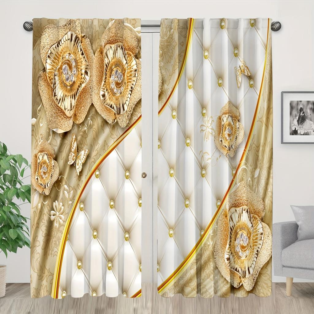 2 ks Luxusní Zlaté Diamantové Květinové Potisky Dívčí Okenní Závěsy Pro Dětskou Ložnici Obývací Pokoj Koupelnu Kuchyň Dveře Domácí Dekorace