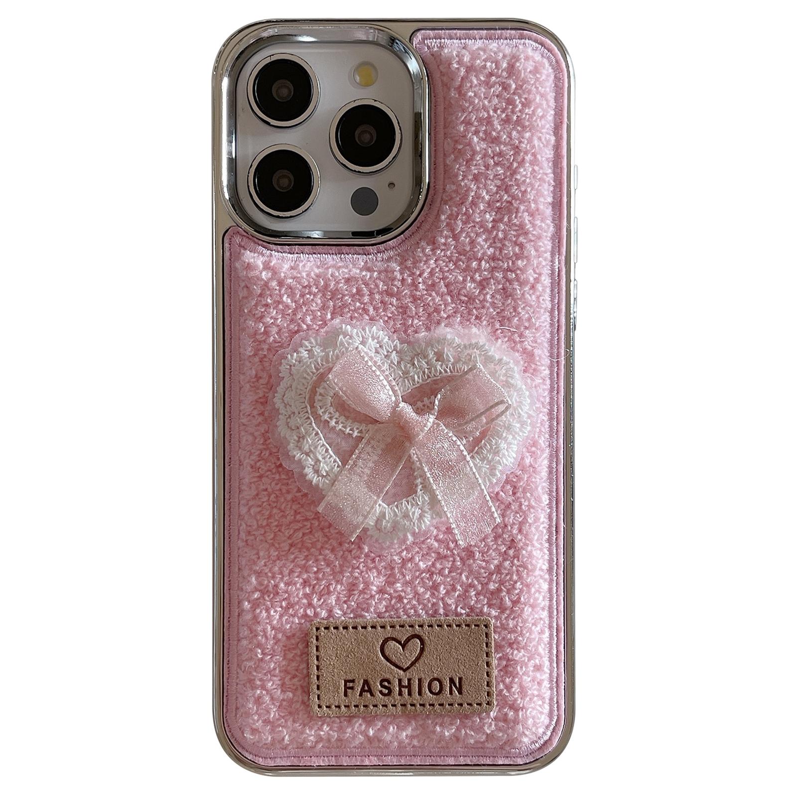 

Для чохла iPhone 15 Pro Max 3D Мереживо Серце Рушникова Фетрова Текстура ТПУ Гальванічне Покриття Чохол для Телефону Pink