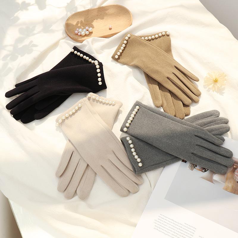 Kobiety Moda Eleganckie Retro Perłowe Rękawiczki Zima Jazda na Rowerze Jazda Pogrubione Ochronne Ciepłe Miękkie Nie Napompowane Rękawiczki z Ekranem Dotykowym