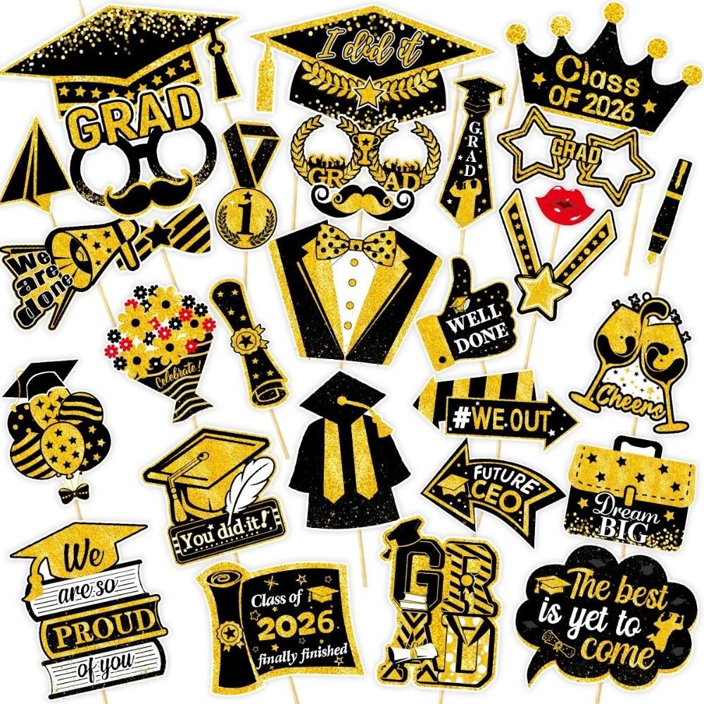 30Pcs/Set Black Golden 2026 Graduation Photo Booth Props Pose Sign With Sticks 2026 Graduation Decorations DIY Dress Up