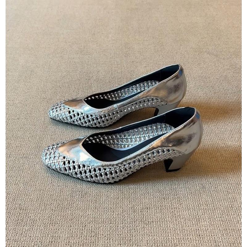 Vintage Handmade Weaving Thick Heel Women's Shoes French Hollow Out Shallow Mouth Sandals Women's Summer High Heels Shoes