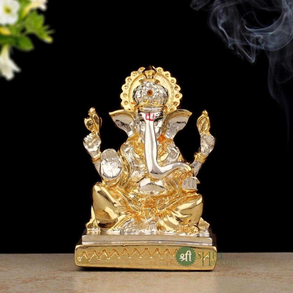 Gold & Silver Ganesha Idol Murti for Car Dashboard Home Décor and Gifts Items