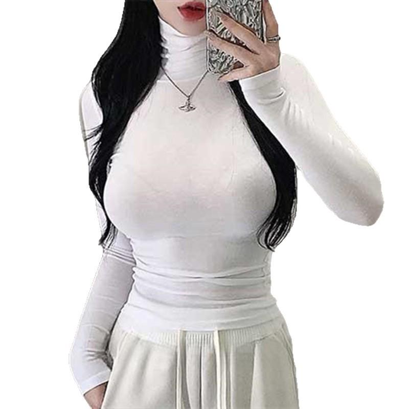 Korean Dongdaemun Women's Slim-Fit Cashmere High Neck Long Sleeve T-Shirt - Soft, Smooth, and Figure-Flattering