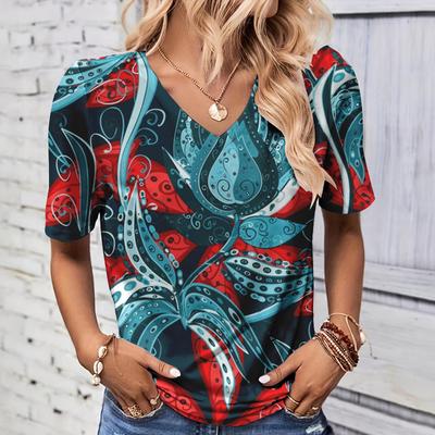 Summer Vintage Pattern 3D Print T-shirt Women Streetwear Casual T Shirts Y2k Tops Woman Harajuku V-Neck Tees Oversized Clothing