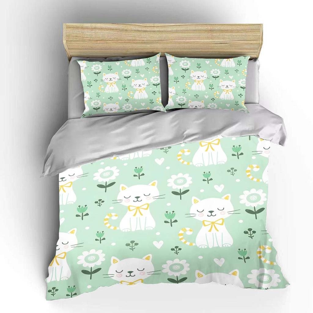 Cartoon Cats And Floral Pattern Print Bedding Set 1 Duvet Cover 2 Pillowcases For Adult And Children Luxury Gift Full Size