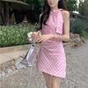 Sweet pink plaid sleeveless neck dress women's spring new waist irregular bow skirt
