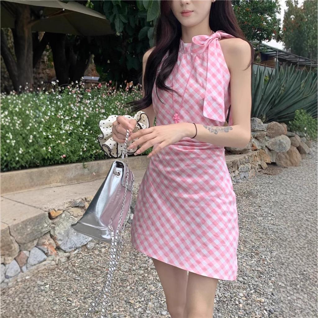 Sweet pink plaid sleeveless neck dress women's spring new waist irregular bow skirt