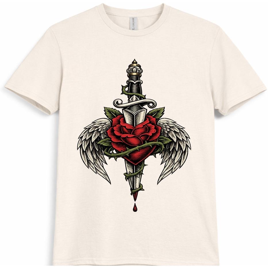 Dagger Rose T Shirt Angel Wings Gothic Tattoo Style Streetwear Graphic Tee