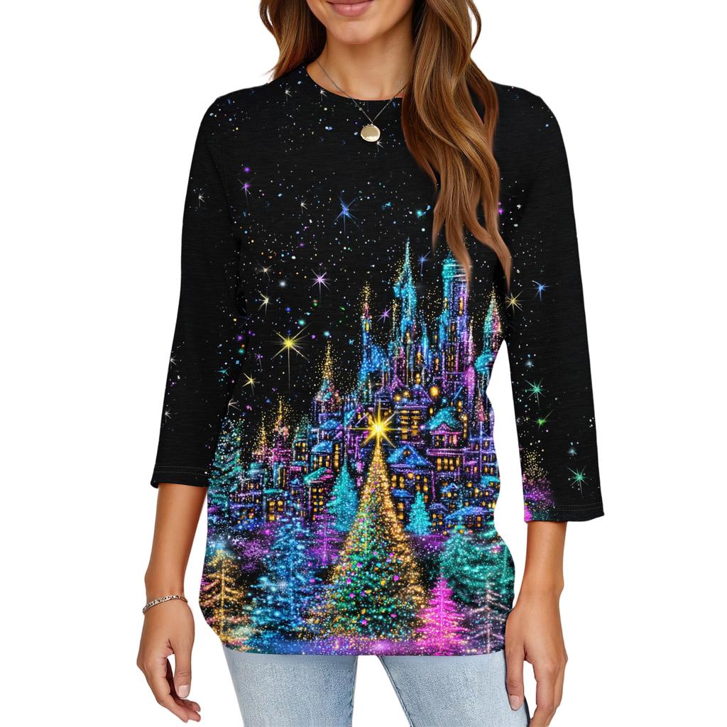 Women's Fashion Casual Christmas Printed Round Neck Long Sleeve Pullover Top