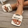 Fashion Luxury Gold Metal Decoration Slides Women Square Toe Flat Heels Slip On Sandals Size 43 Fashion Beach Sandals Women 2025 Summer