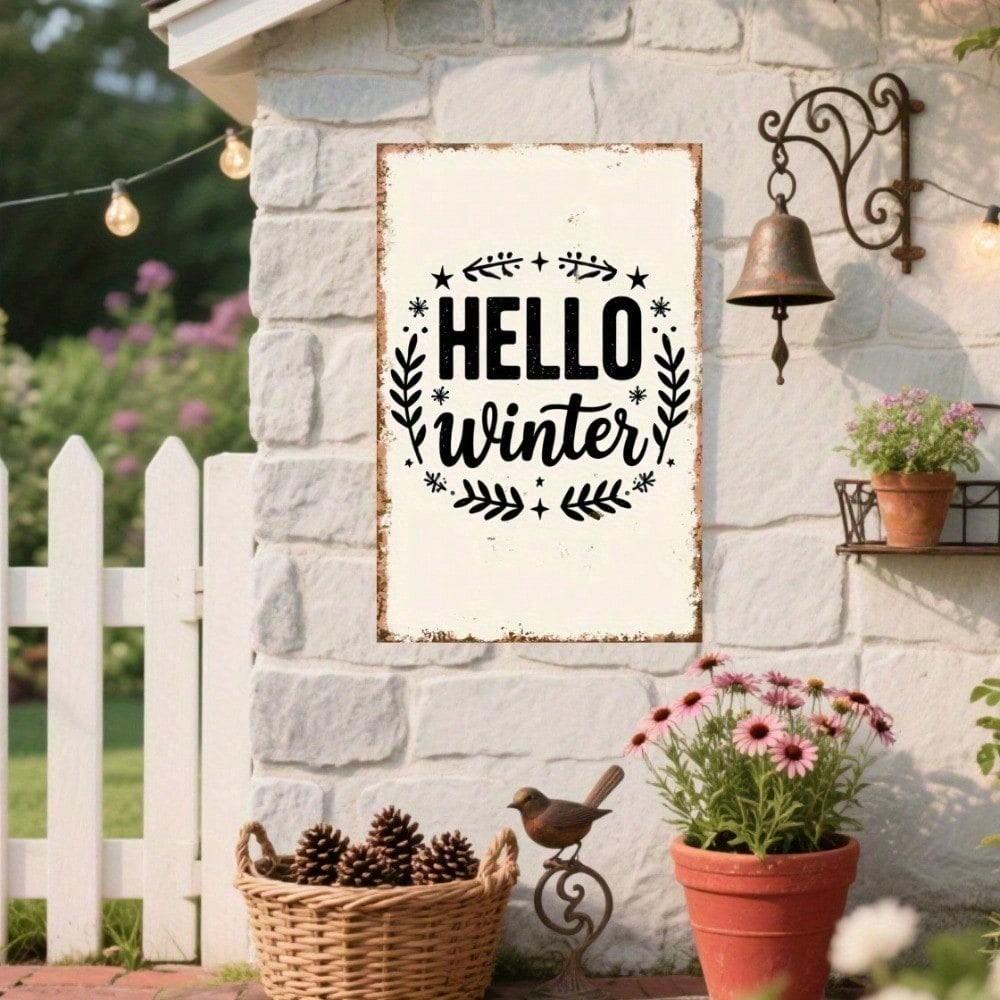 Rustic Hello Winter Metal Sign Farmhouse Porch Garden Wall Decor Christmas Fence Hanging
