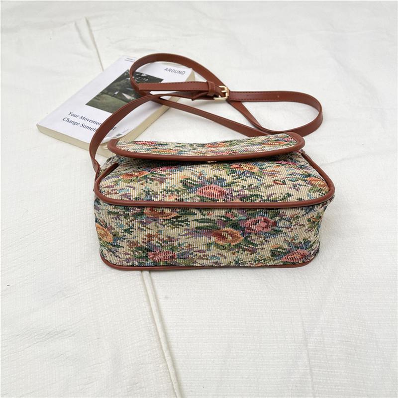 Floral Pattern Crossbody Bag with Leather Trim and Flap Closure for Vintage Inspired Style