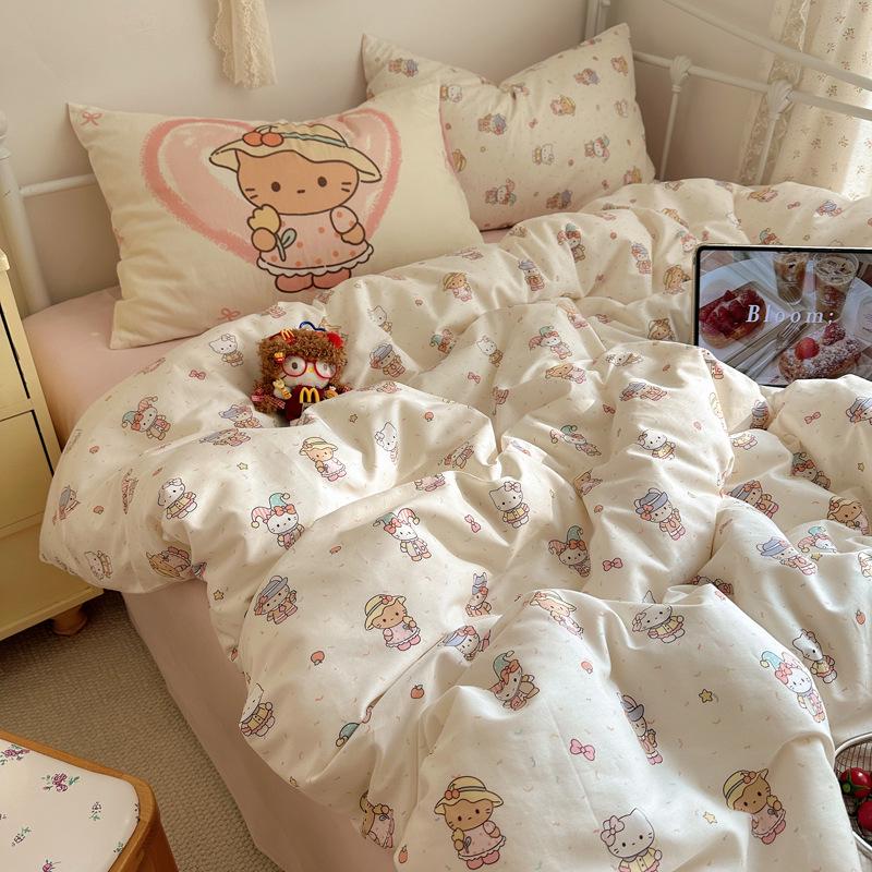 Adorable Puppy Cartoon Cotton Bedding Set, 1.2m Student Dorm - Includes Bed Sheet, Duvet Cover, and Pillowcase.