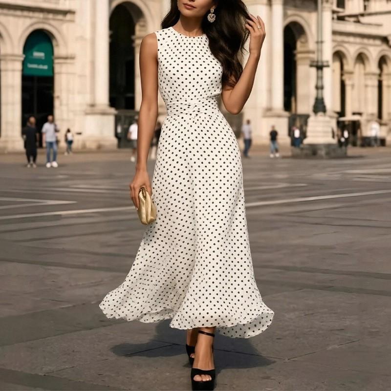 2026 Damen Elegantes Gepunktetes Ärmelloses Figurbetontes Midi-Kleid Hohe Taille Rundhals Büro-Chic