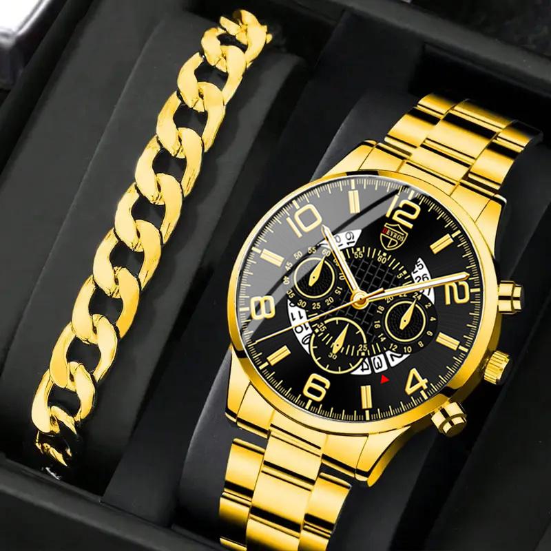 

DEYROS 2 шт./комплект модные мужские серебряные часы с календарем на ремешке из нержавеющей стали кварцевые часы и браслет, подарок на День отца