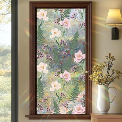 Stained Glass Window Film Floral Rainbow Decorative Window Sticker Sun Blocking Removable Static Glass Cling for Bathroom Living Room Bedroom