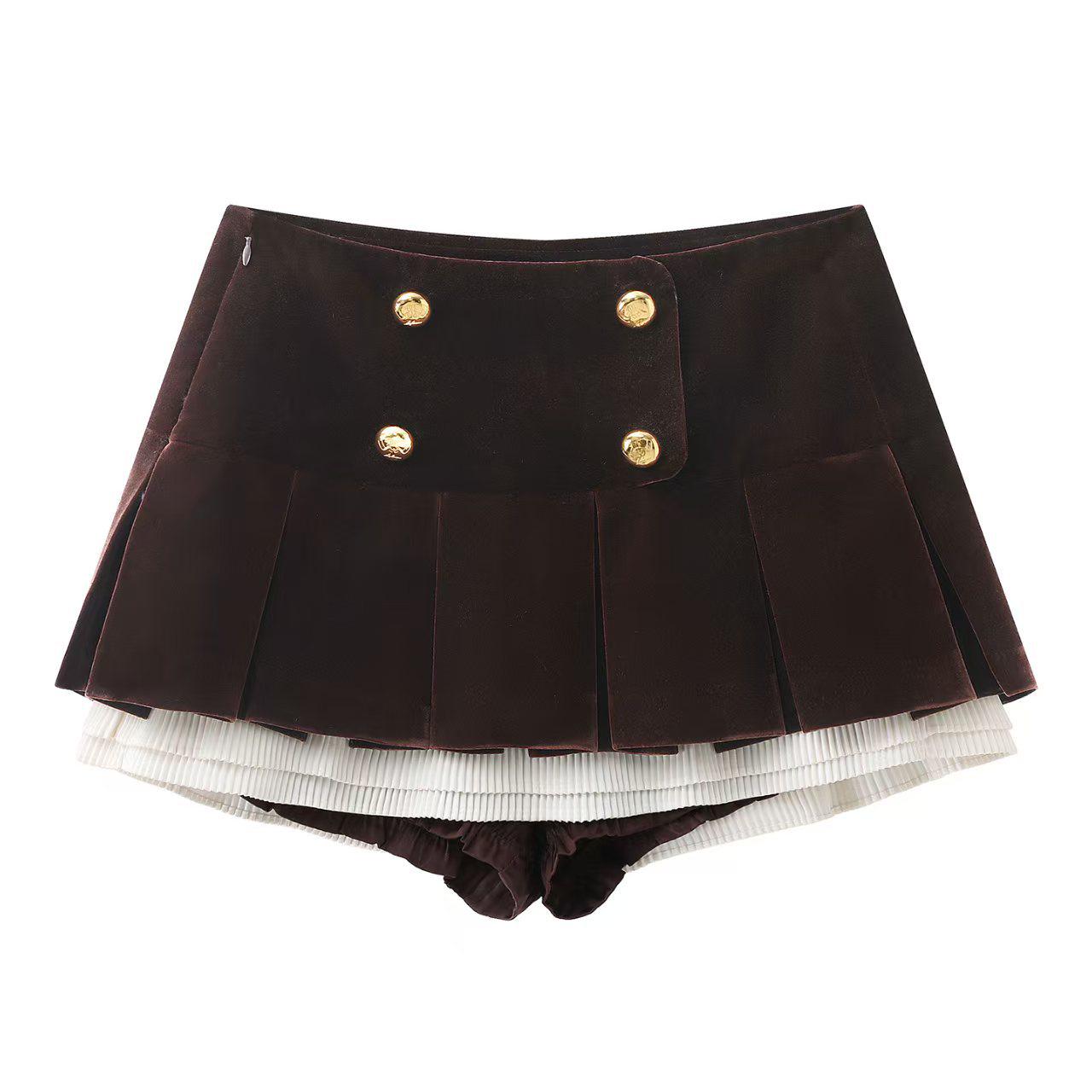2025 Winter Elegant Color Block Patchwork Double-Breasted Velvet Skirt M