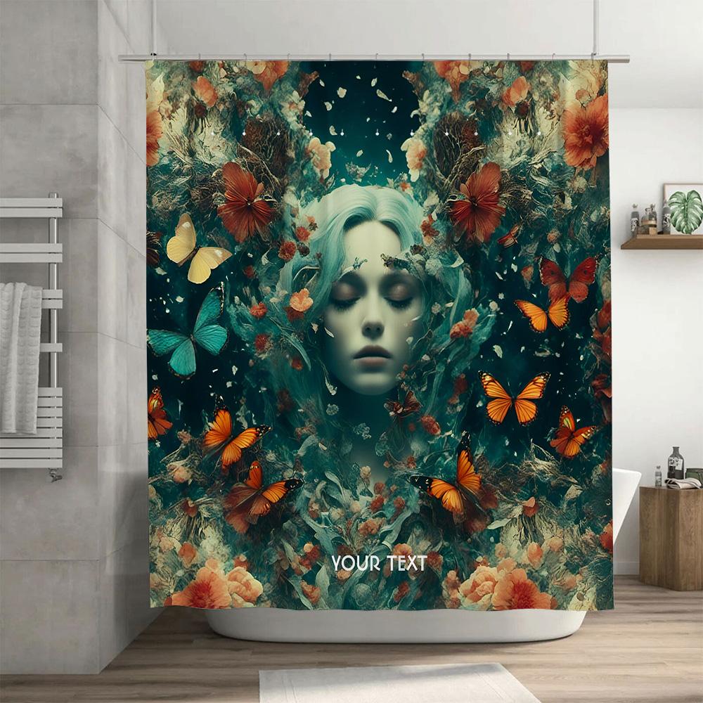 Bathroom Decor Shower Curtain Floral Butterflies Design with Customizable Text for Personalization in Home Decoration Supplies
