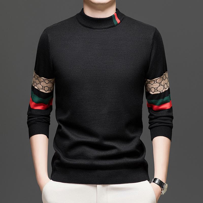 Men s Winter Fashionable Thickened Warm Jacquard Knit Sweater, 500g, Half-High Collar 4XL