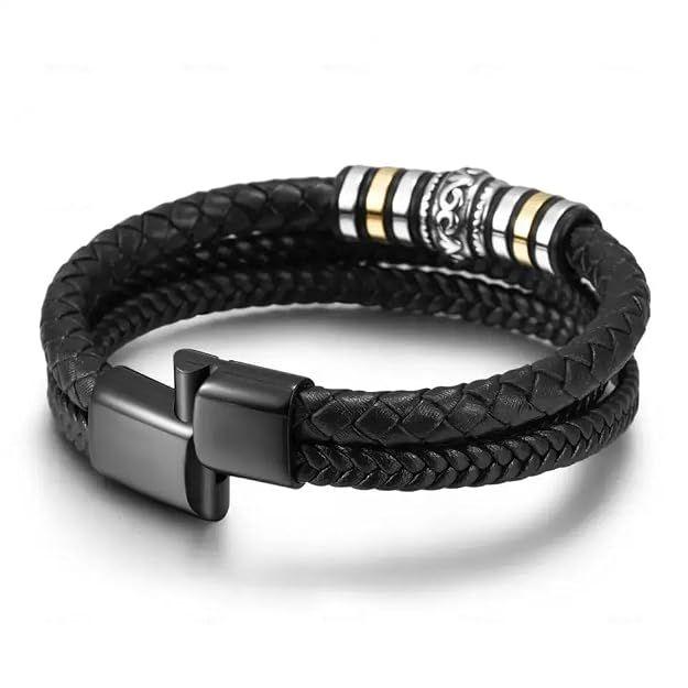 Anti Tarnish Stavros Stainless Steel Leather Black Bracelet for Men | Hand Bands for Boys | Wrist Bracelets for Man | Fashion Jewellery Accessories |