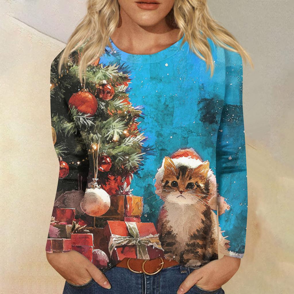 Women's Loose Comfortable Casual Fashion Round Neck Christmas Print Long Sleeve Hoodie