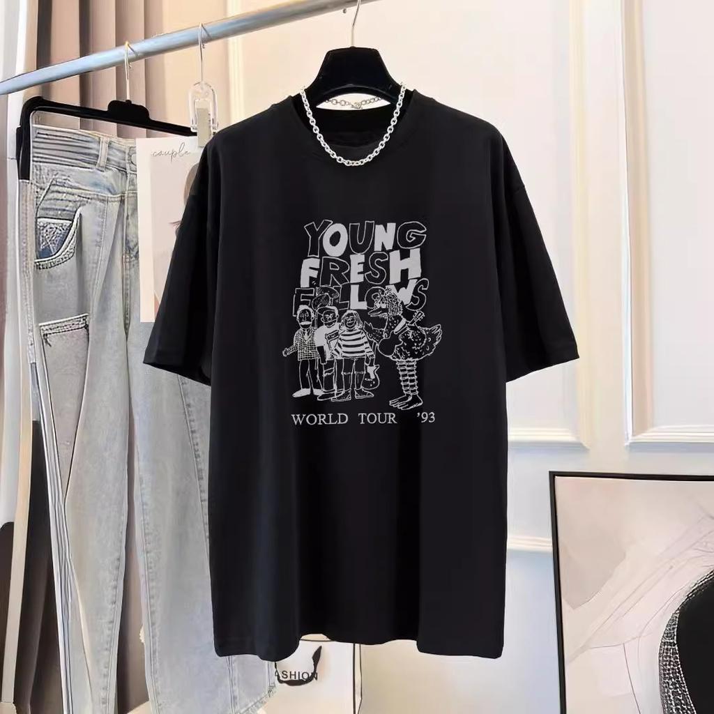 Dongdaemun 2025 spring new student cartoon pure cotton printing loose and thin black short-sleeved t-shirt women