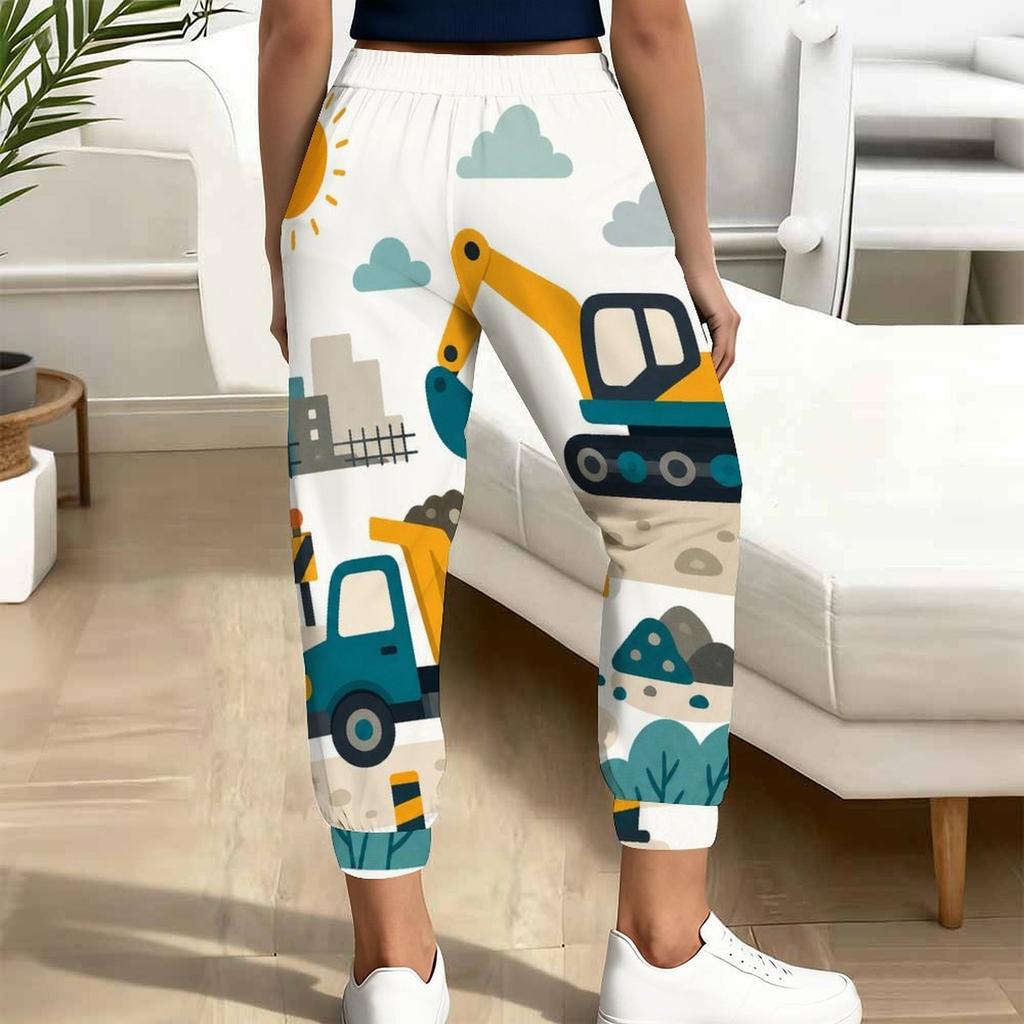 Women Plus Size White Cartoon Construction Vehicle Printed Drawstring Waist Jogger Pants Side Pockets Cuffed Ankle