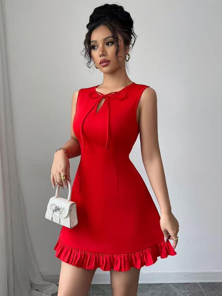 Europäischer Stil Rüschen-Minikleid mit Schnürung und Schleife