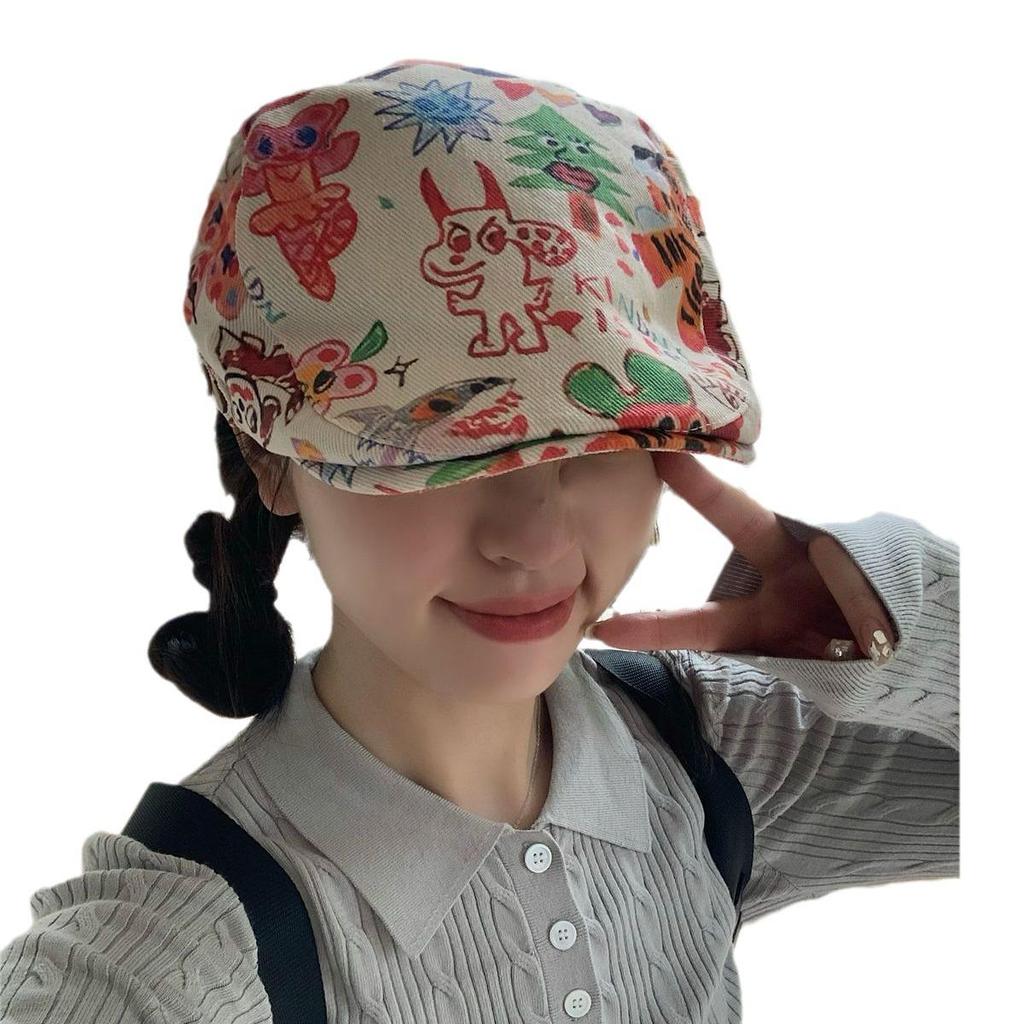 Japanese Graffiti Retro Beret: Cute, Thin, and Versatile Painter Cap for Women - Trendy Spring/Summer Style.