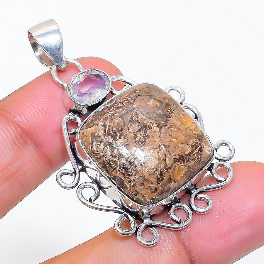 Natural Turritella Fossil, Opal 925 Sterling Silver Jewelry Pendant 1.77" ZS-411