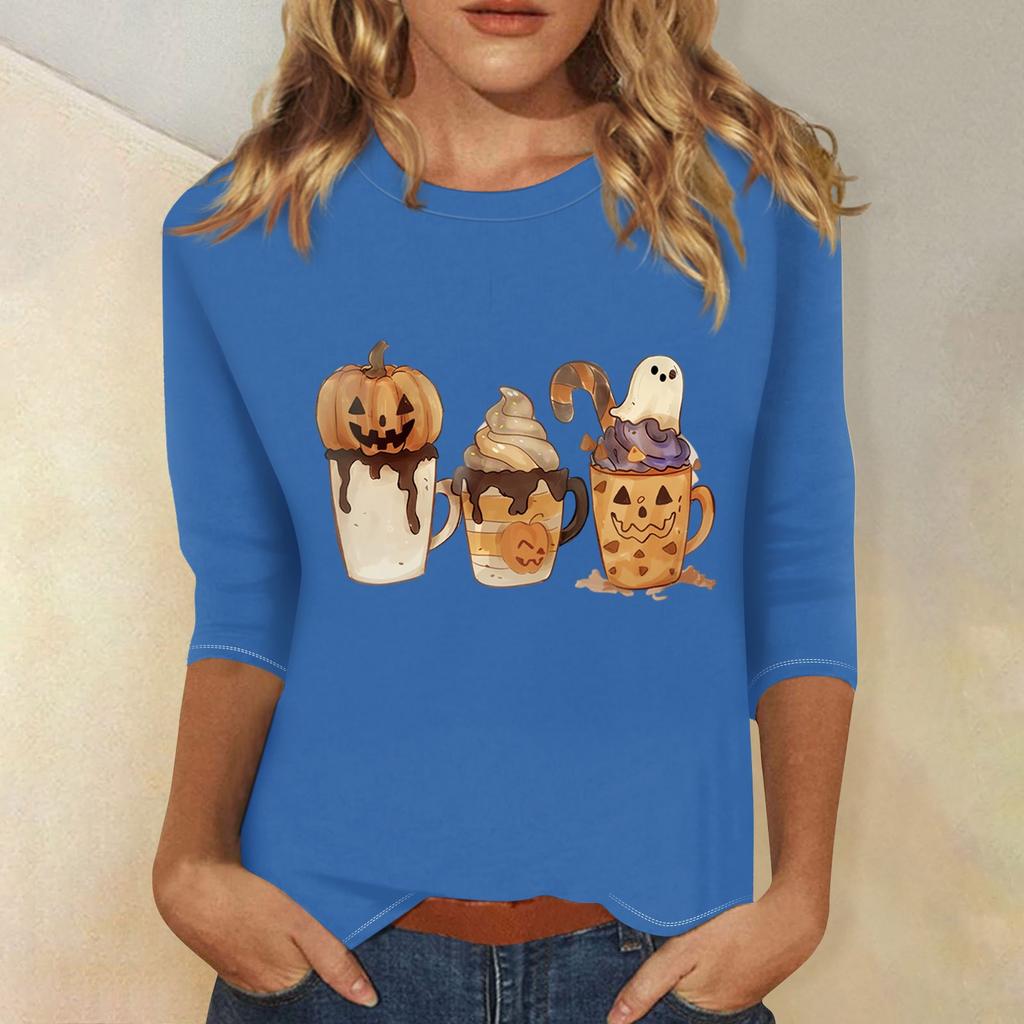 Women's Fashion Casual Three-quarter Sleeve Halloween Printed Round Neck Top